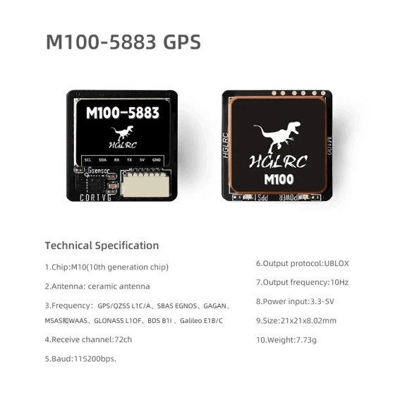 HGLRC M100-5883 GPS Module with Ceramic Antenna On-board LED Indicators 21x21mm for RC Airplane Long Range Drone